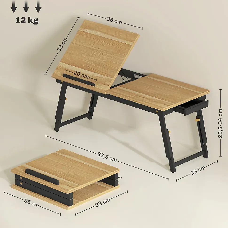 Table de lit pliable réglable pour ordinateur - plateau inclinable, tiroir - bois bambou MDF noir naturel
