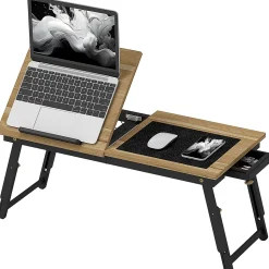 Table de lit pliable réglable pour ordinateur - plateau inclinable, tiroir - bois bambou MDF noir naturel