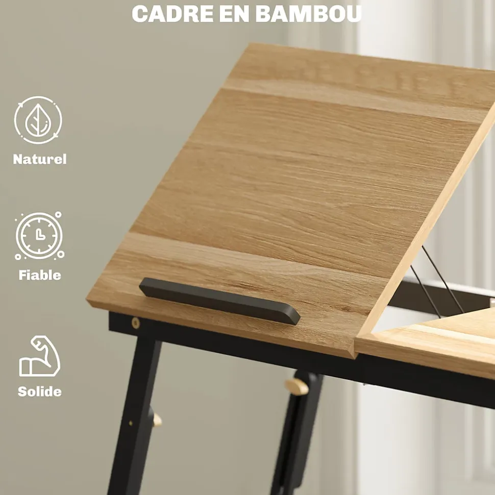 Table de lit pliable réglable pour ordinateur - plateau inclinable, tiroir - bois bambou MDF noir naturel