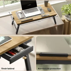Table de lit pliable réglable pour ordinateur - plateau inclinable, tiroir - bois bambou MDF noir naturel