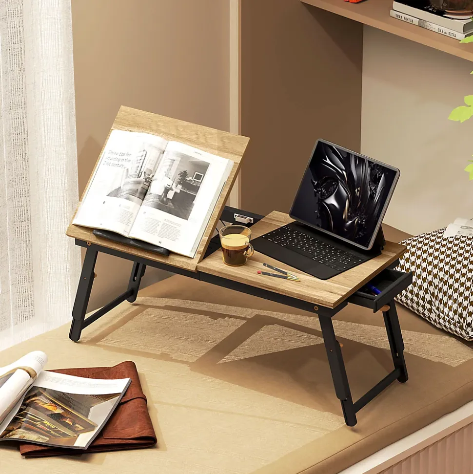Table de lit pliable réglable pour ordinateur - plateau inclinable, tiroir - bois bambou MDF noir naturel