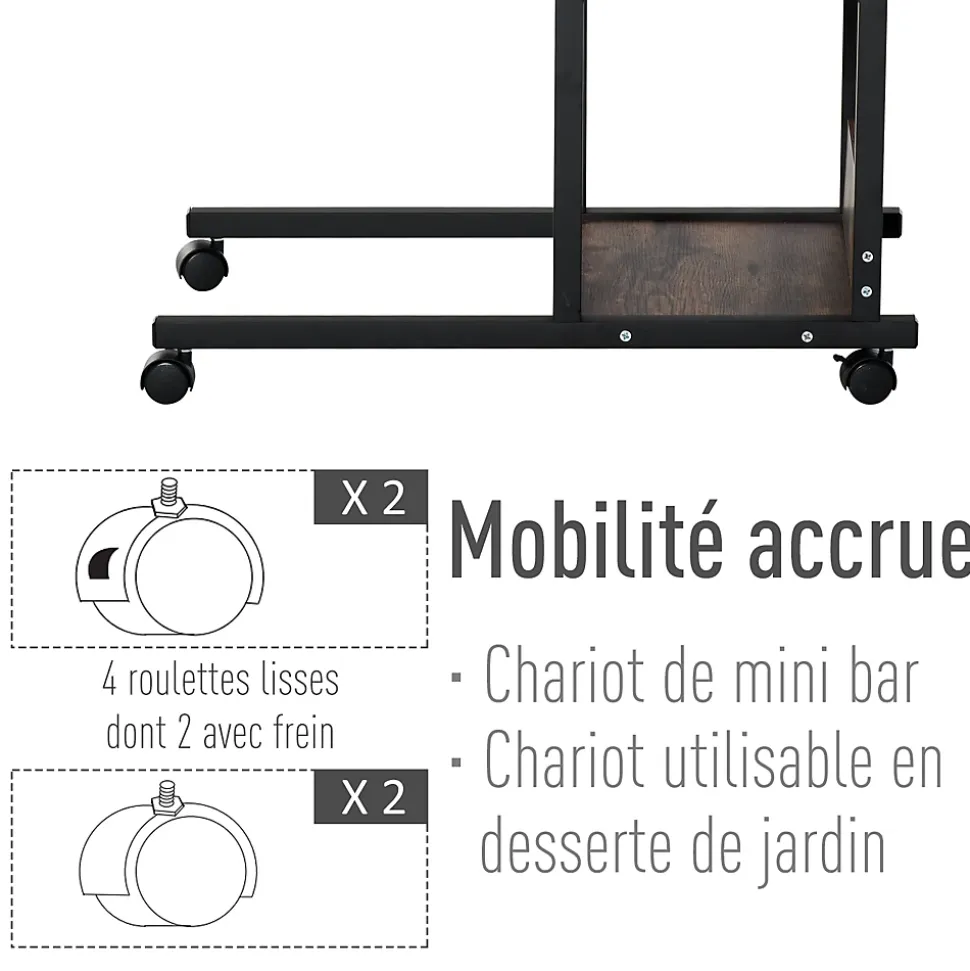 Table de lit/fauteuil - table roulante - hauteur réglable - 2 étagères intégrées - panneaux particules E1 aspect bois métal noir