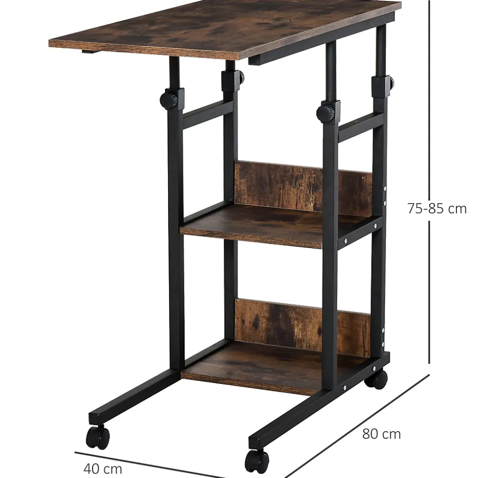 Table de lit/fauteuil - table roulante - hauteur réglable - 2 étagères intégrées - panneaux particules E1 aspect bois métal noir