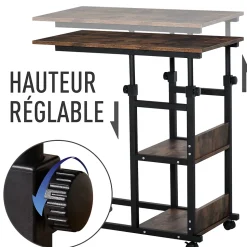 Table de lit/fauteuil - table roulante - hauteur réglable - 2 étagères intégrées - panneaux particules E1 aspect bois métal noir