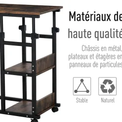 Table de lit/fauteuil - table roulante - hauteur réglable - 2 étagères intégrées - panneaux particules E1 aspect bois métal noir
