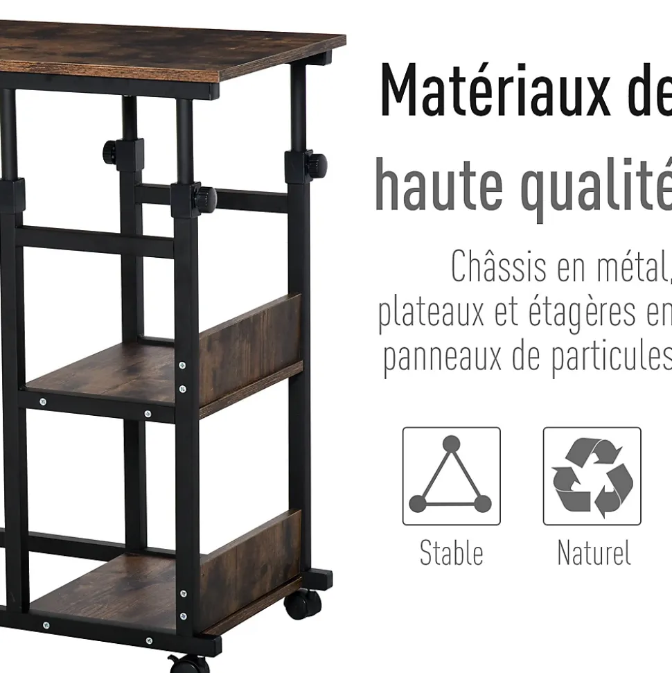 Table de lit/fauteuil - table roulante - hauteur réglable - 2 étagères intégrées - panneaux particules E1 aspect bois métal noir