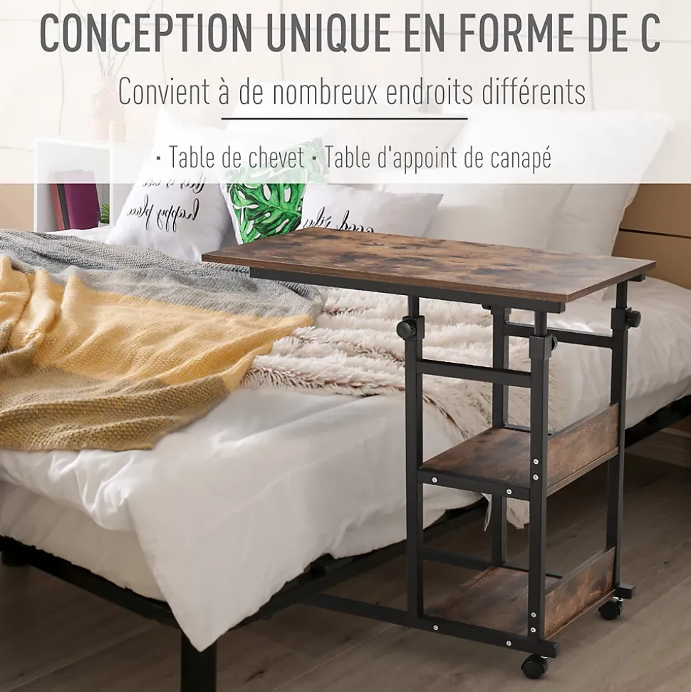 Table de lit/fauteuil - table roulante - hauteur réglable - 2 étagères intégrées - panneaux particules E1 aspect bois métal noir