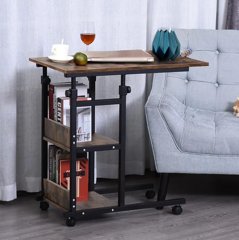 Table de lit/fauteuil - table roulante - hauteur réglable - 2 étagères intégrées - panneaux particules E1 aspect bois métal noir