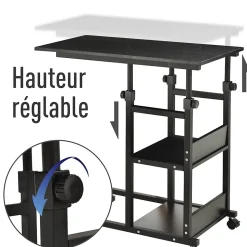 Table de lit/fauteuil - table roulante - hauteur réglable - 2 étagères intégrées - panneaux particules E1 métal noir