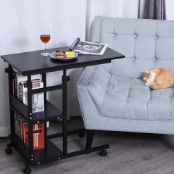 Table de lit/fauteuil - table roulante - hauteur réglable - 2 étagères intégrées - panneaux particules E1 métal noir
