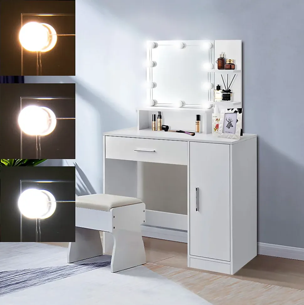Table de maquillage avec LED coiffeuse MDF blanc miroir et tabouret 90x38x137 cm