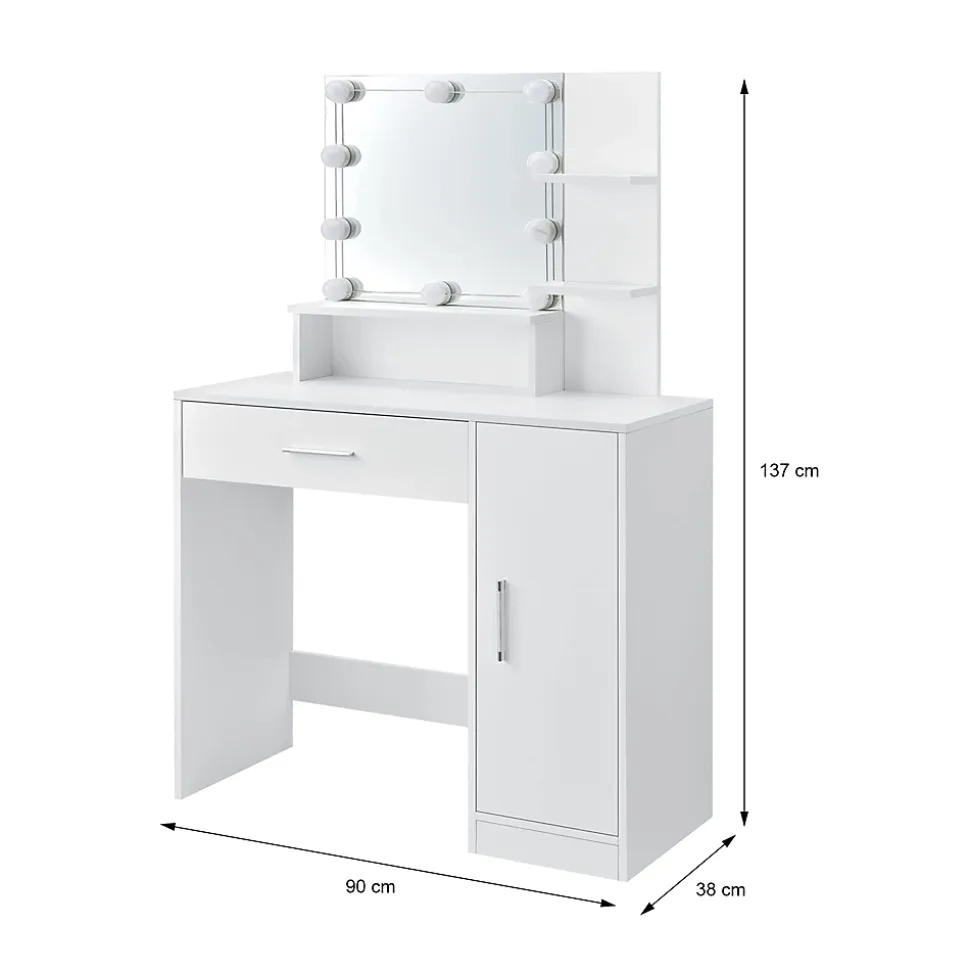 Table de maquillage avec LED coiffeuse MDF blanc miroir et tabouret 90x38x137 cm