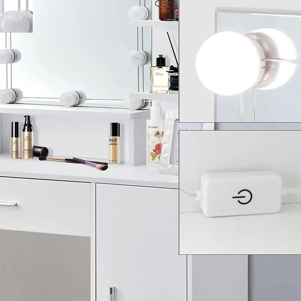 Table de maquillage avec LED coiffeuse MDF blanc miroir et tabouret 90x38x137 cm