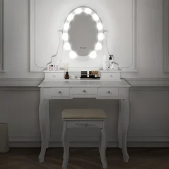 Table de maquillage coiffeuse blanc avec éclairage LED miroir et tabouret en MDF