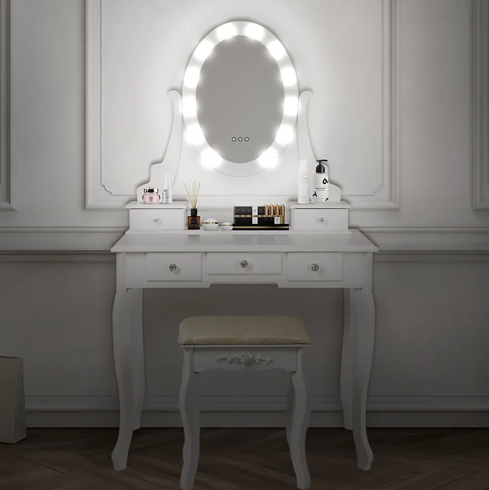 Table de maquillage coiffeuse blanc avec éclairage LED miroir et tabouret en MDF