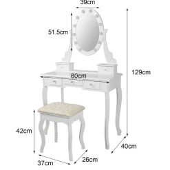 Table de maquillage coiffeuse blanc avec éclairage LED miroir et tabouret en MDF