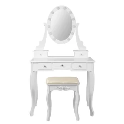 Table de maquillage coiffeuse blanc avec éclairage LED miroir et tabouret en MDF