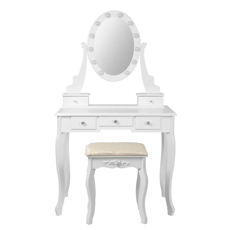 Table de maquillage coiffeuse blanc avec éclairage LED miroir et tabouret en MDF