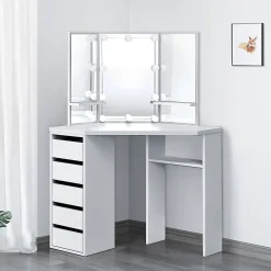 Table de maquillage d'angle coiffeuse avec miroir et LED + tabouret gris clair