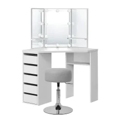 Table de maquillage d'angle coiffeuse avec miroir et LED + tabouret gris clair