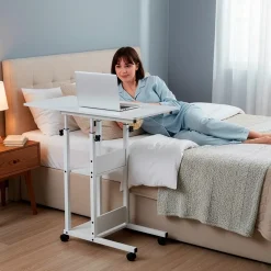 Table d'ordinateur portable mobile sur roulettes, réglable en hauteur blanche