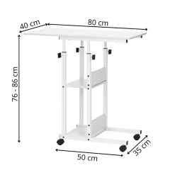 Table d'ordinateur portable mobile sur roulettes, réglable en hauteur blanche