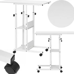 Table d'ordinateur portable mobile sur roulettes, réglable en hauteur blanche