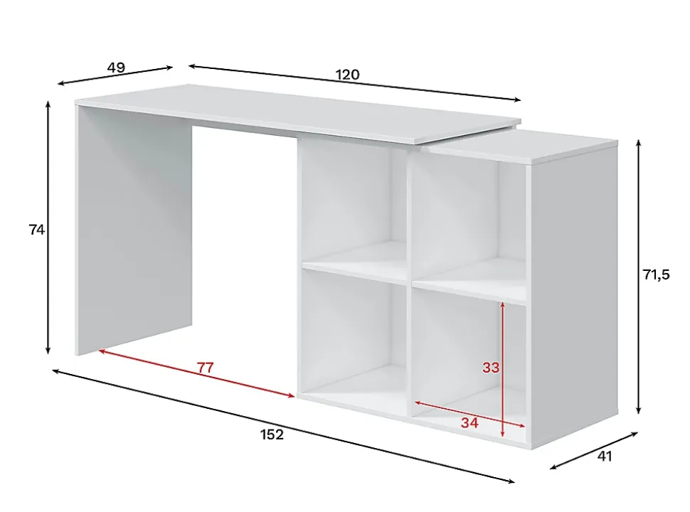 Table du bureau, meuble du bureau réversible en bois coloris blanc artic - hauteur 74 x longueur 120-152 x profondeur 77 cm