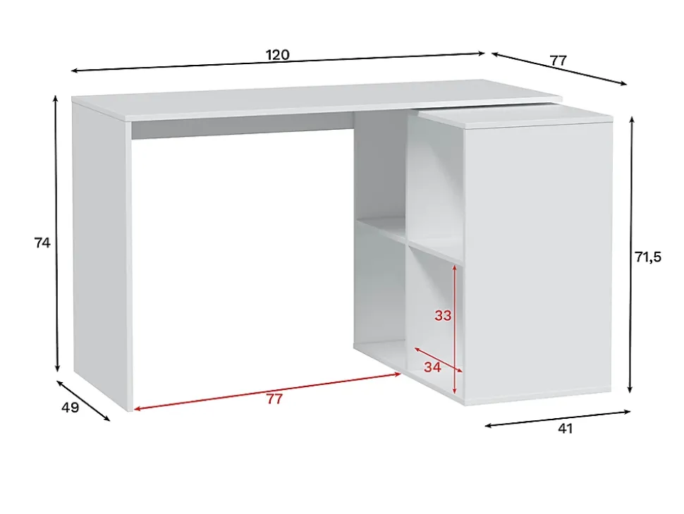 Table du bureau, meuble du bureau réversible en bois coloris blanc artic - hauteur 74 x longueur 120-152 x profondeur 77 cm