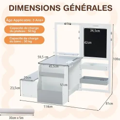 Table Enfant 3 avec Chaise et Tableau Blanc Noir Réglable Rangement Rouleaux de Papier Interchangeables Gris Blanc