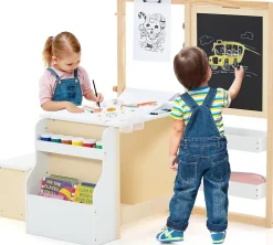 Table Enfant 3 avec Chaise et Tableau Blanc Noir Réglable Rangement Rouleaux de Papier Interchangeables Blanc Naturel