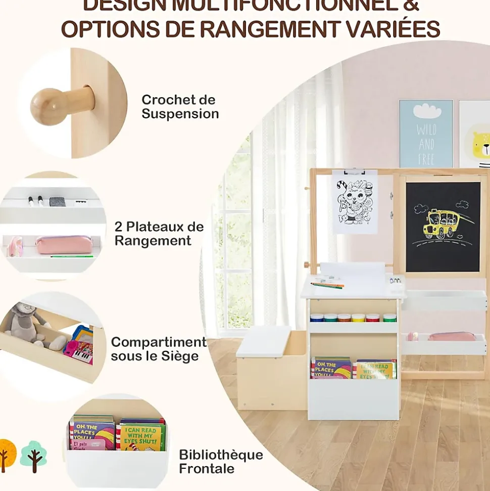 Table Enfant 3 avec Chaise et Tableau Blanc Noir Réglable Rangement Rouleaux de Papier Interchangeables Blanc Naturel