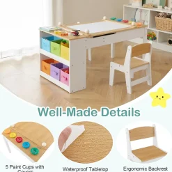 Table Enfant 2 Chaises Plateau Relevable Table Activité 6 Bacs de Rangement 5 Pots à Peinture Naturel