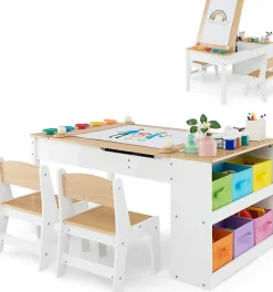 Table Enfant 2 Chaises Plateau Relevable Table Activité 6 Bacs de Rangement 5 Pots à Peinture Naturel