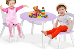 Table Enfant avec 2 Chaises Ergonomique Table Activités avec Rangement Central en Maille Pieds en Bois Violet