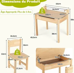Table Enfant avec Chaise 3+Ans-Table à Dessin Enfant avec Rouleau du Papier-Bureau d'Écriture en Bois avec Rangement Naturel