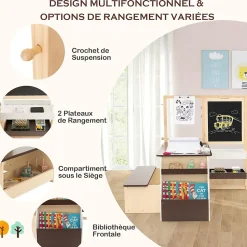 Table Enfant avec Chaise et Tableau Blanc Noir Réglable Rangement Rouleaux de Papier Interchangeables Café