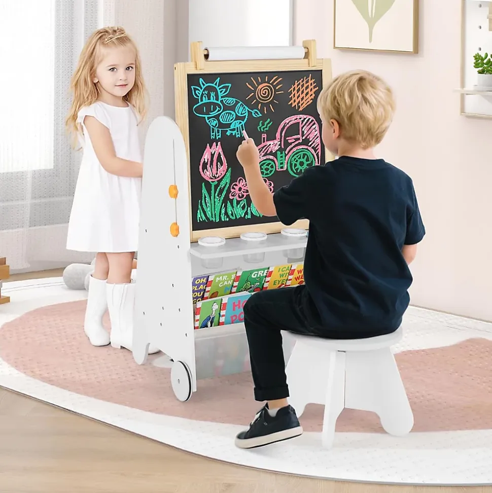 Table Enfant avec Chaise, 4 en 1 Amovible et Hauteur Réglable,avec Plateau Magnétique, Rouleau de Papier, Bibliothèque,pour 3+ Ans