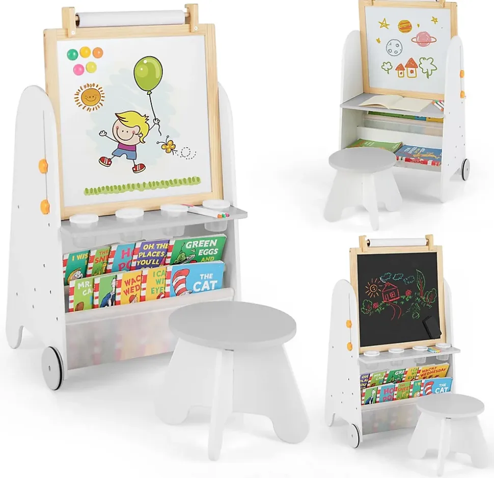 Table Enfant avec Chaise, 4 en 1 Amovible et Hauteur Réglable,avec Plateau Magnétique, Rouleau de Papier, Bibliothèque,pour 3+ Ans