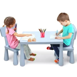 Table et 2 Chaises en Plastique Enfants Charge 50KG Activites Etude Utilisation Interieure ou Exterieure Bleu