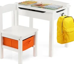 Table et Chaise pour Enfant avec Planteau Incliné Table Activités en Bois avec Tiroir Charnière Blanc