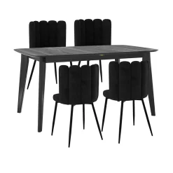 Table et chaises 4 personnes en velours et bois noir - Oman