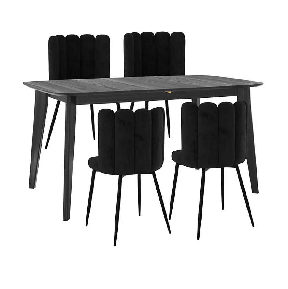 Table et chaises 4 personnes en velours et bois noir - Oman