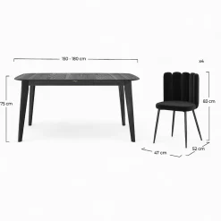 Table et chaises 4 personnes en velours et bois noir - Oman