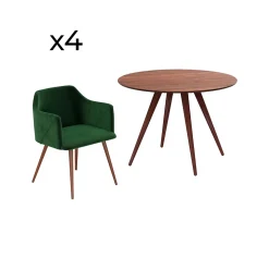 Table et chaises 4 personnes en velours vert et bois - Liwa