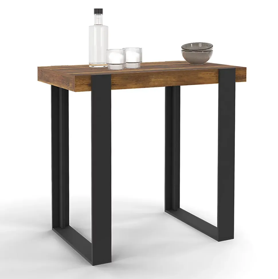Table haute de bar PHOENIX bois foncé effet vieilli et noir 90 cm