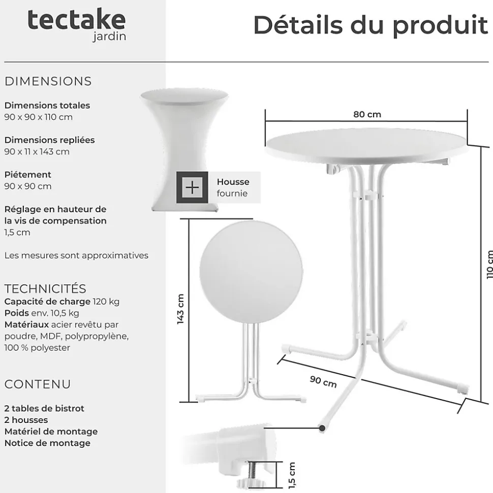 Table haute pliable avec housse 90x110 cm facile d'entretien