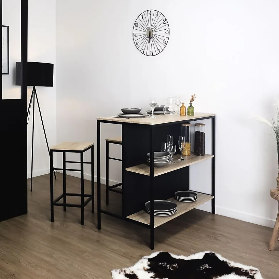 Table ilot en bois avec 2 tabourets Loka