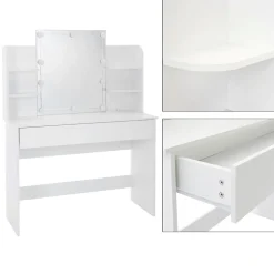 Table maquillage avec miroir et guirlande LED coiffeuse en MDF + tabouret blanc