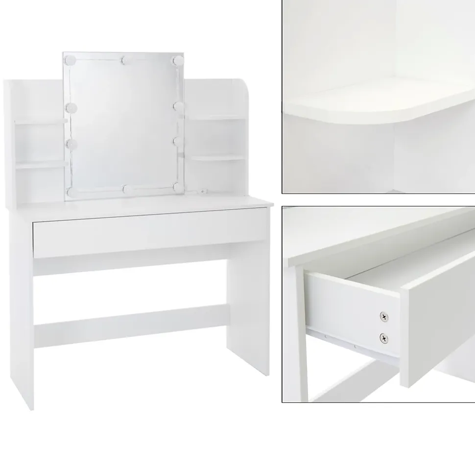 Table maquillage avec miroir et guirlande LED coiffeuse en MDF + tabouret blanc